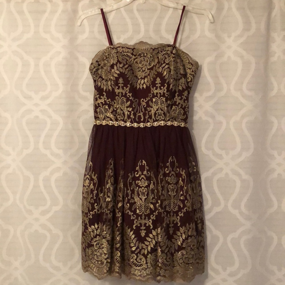 Windsor Maroon and gold detailing strapless dress